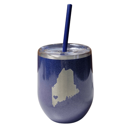 Maine Heart Laser Engraved Wine Tumbler- Purple Glitter