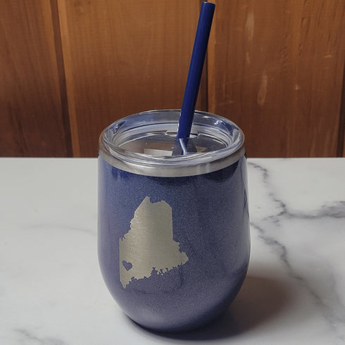 Maine Heart Laser Engraved Wine Tumbler- Purple Glitter