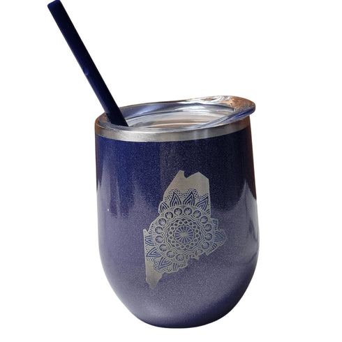 Maine Mandala Laser Engraved Wine Tumbler- Purple Glitter