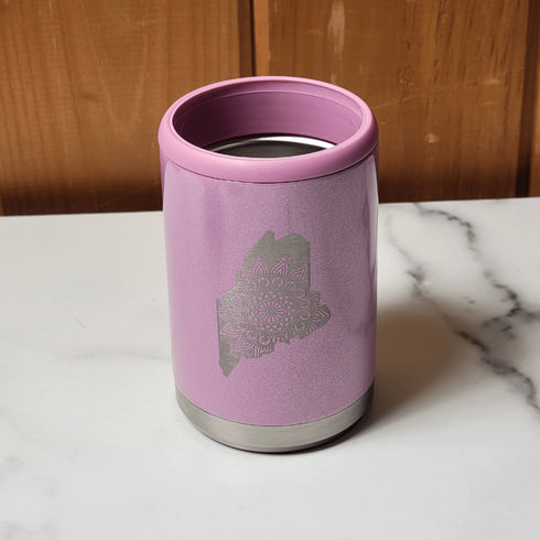 Maine Mandala Engraved  Beer Can Cooler- Pink Glitter