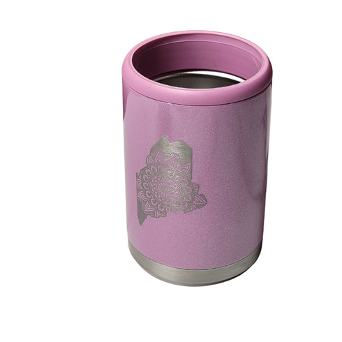 Maine Mandala Engraved  Beer Can Cooler- Pink Glitter