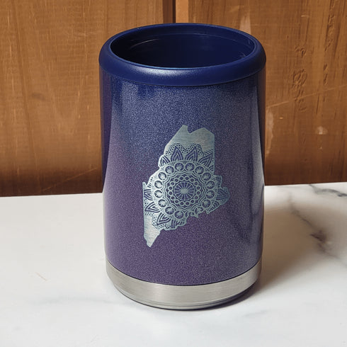 Maine Mandala Engraved Beer Can Cooler- Purple Ombre Glitter