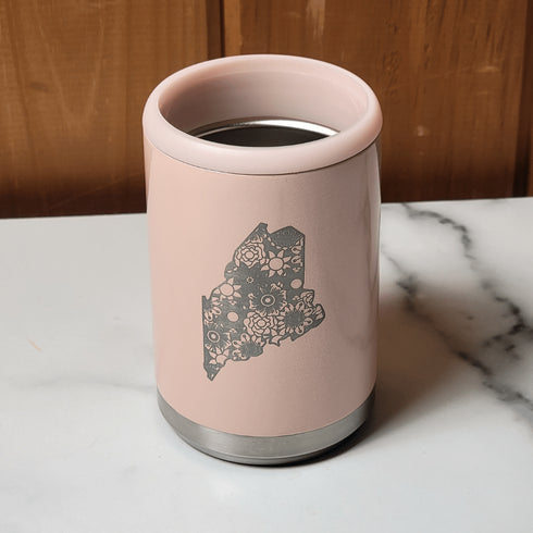 Maine Floral Engraved Beer Can Cooler- Peach Glitter