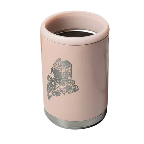 Maine Floral Engraved Beer Can Cooler- Peach Glitter