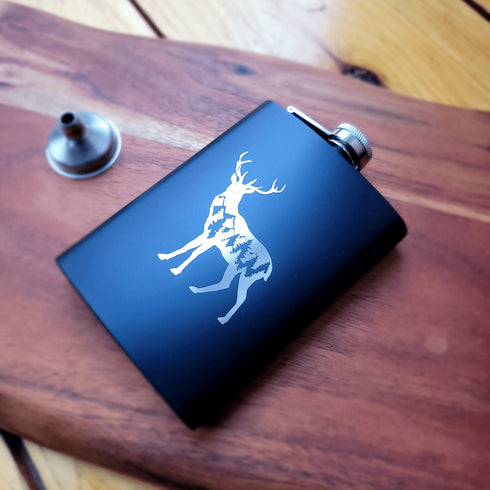 Deer Laser Engraved Black Flask
