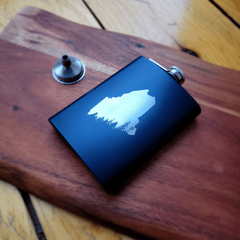 Maine Tree Laser Engraved Black Flask