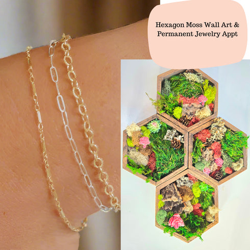 Moss Wall Art & Permanent Jewelry Craft & Sip Workshop: Monday, February 17th, 5:30pm