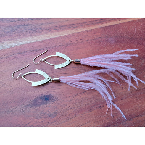 Pink Feather Brass Dangle Earrings