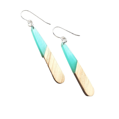 Aqua Blue Wood & Resin Teardrop Sterling Silver Earrings
