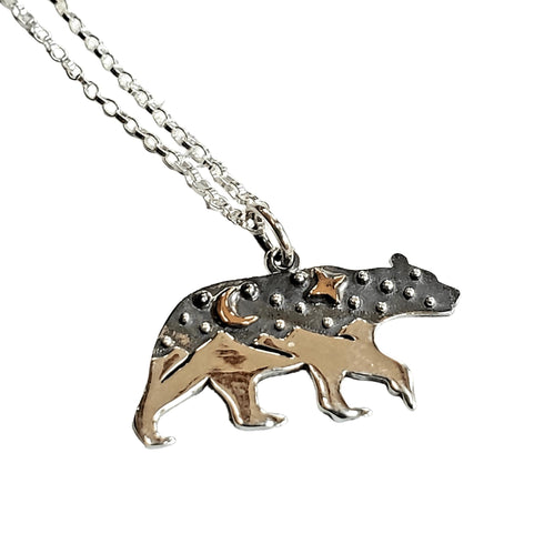 Bear and Mountains Pendant Sterling Silver Necklace