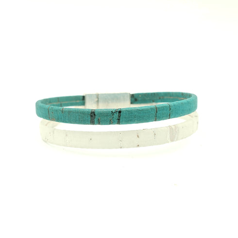White & Teal Thin Cork Bracelet
