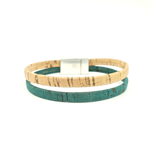 Tan & Teal Thin Cork Bracelet